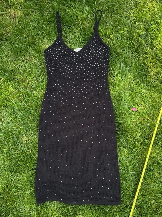 Papell Boutique Black Hand Crocheted Midi Dress with Silver Bead Accents - Picture 4 of 8